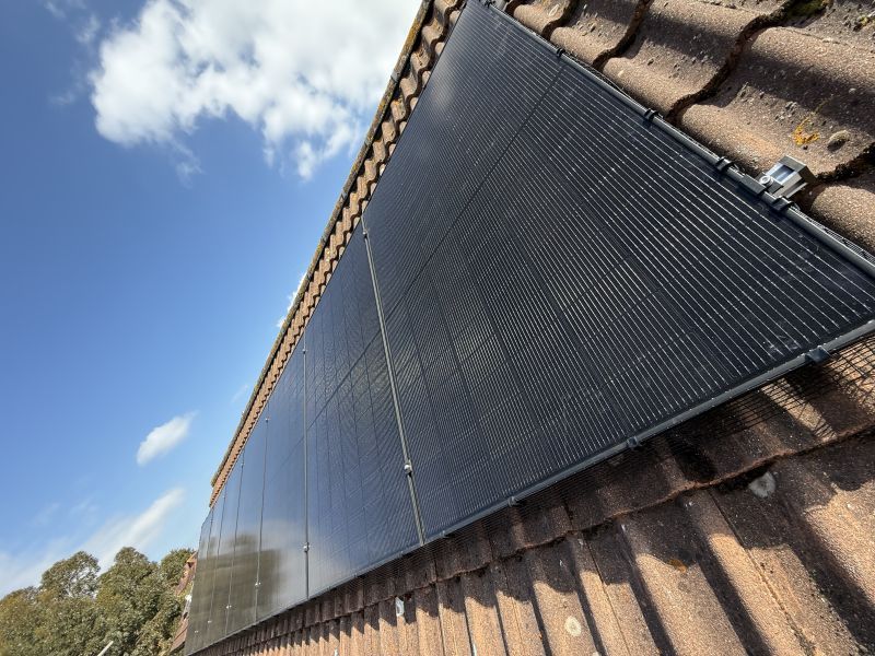 Close-up of black solar panels with bird protection mesh